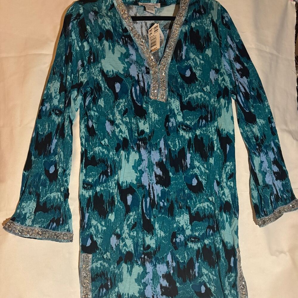 NWT InMocean Teal Blue Abstract Beaded Tunic Swim Beach Cover Up Dress XL